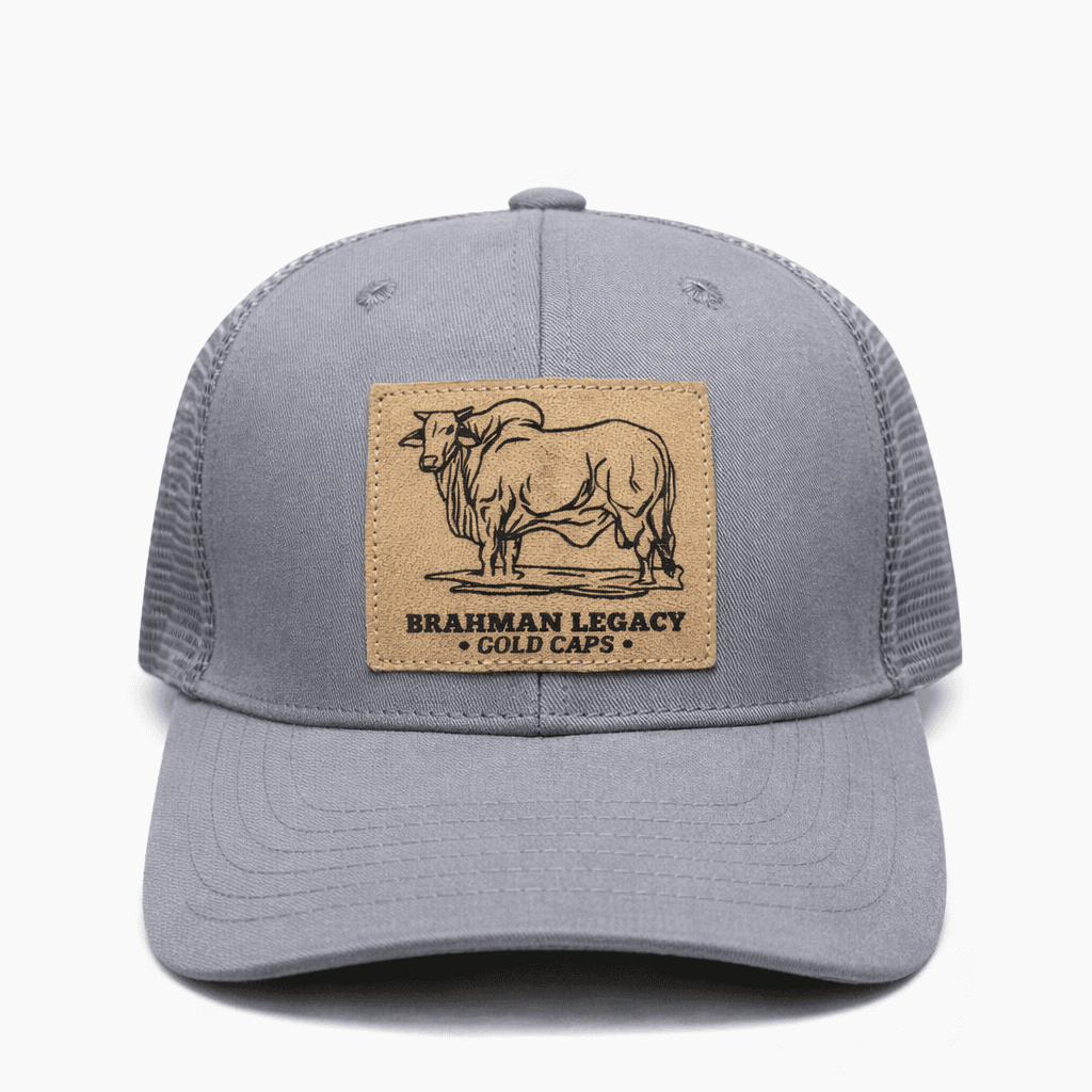Gorra Trucker Ganadera Gris con Parche en Cuero Pirograbado Brahman Legacy