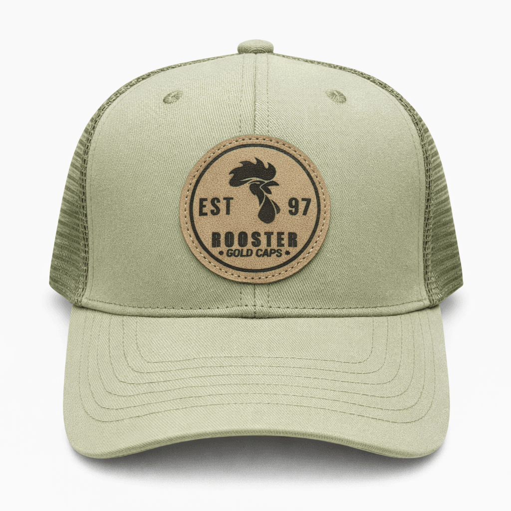 Gorra Trucker con Parche en Cuero Pirograbado Rooster 97